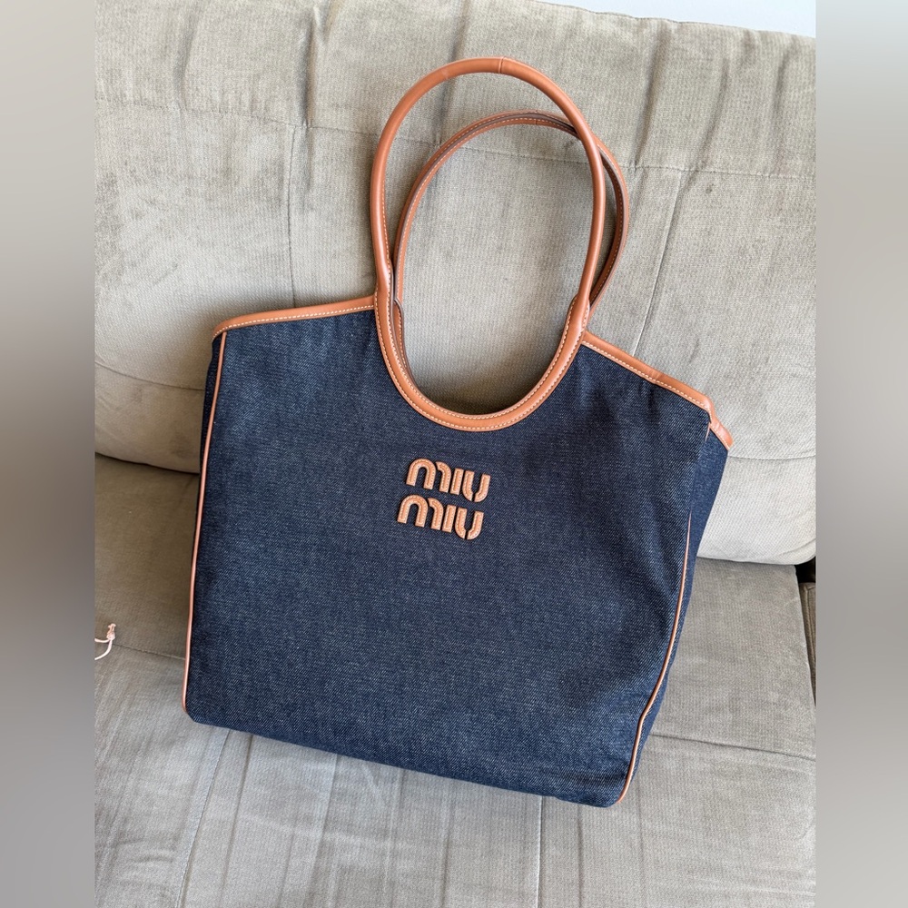 BRAND NEW Miu Miu Navy Denim Tote with Tan Leather Trim